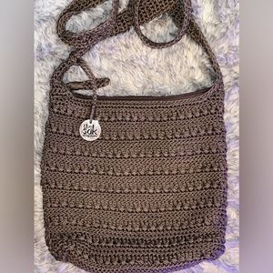 THE SAK CROSSBODY Crochet Knit Small BOHO Shoulder Bag Purse Zip BRONZE Brown